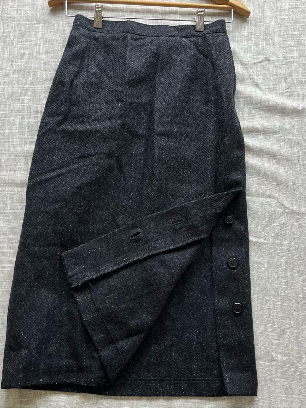 Vtg Czech Wool Pencil Midi Skirt with Button Hem